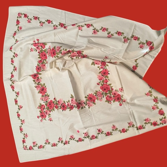 Vintage Tablecloth | Square | Cream With Pink Roses & Olive Accents | NEW!